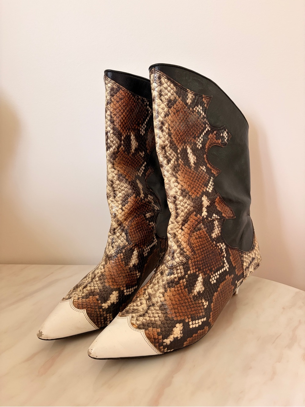 Ganni Snakeskin-Print Pointed Western Heeled Boots